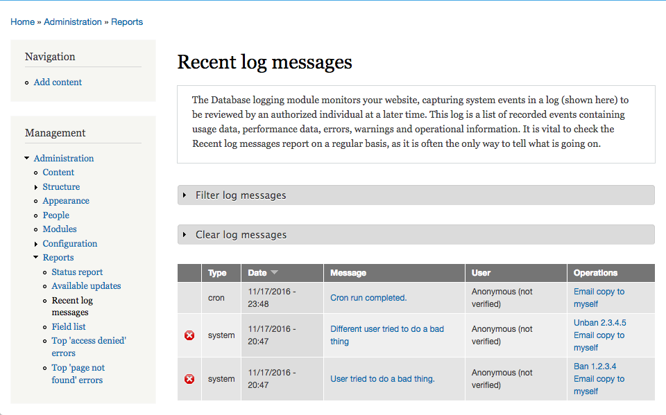 A screenshot of the Drupal 7 Recent log messages screen showing three log messages, each of which has one or more custom Operations added by the dblog_api module.