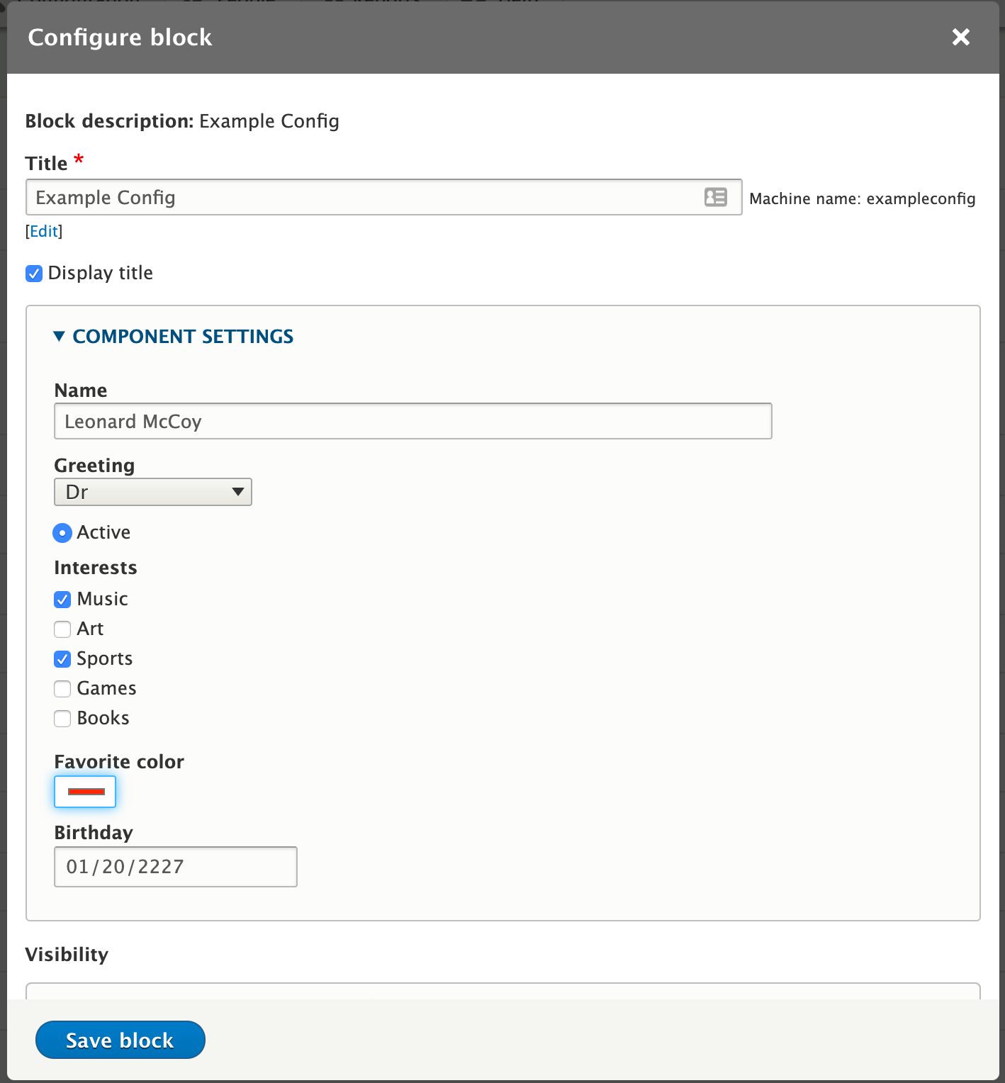 Configuration form for the component
