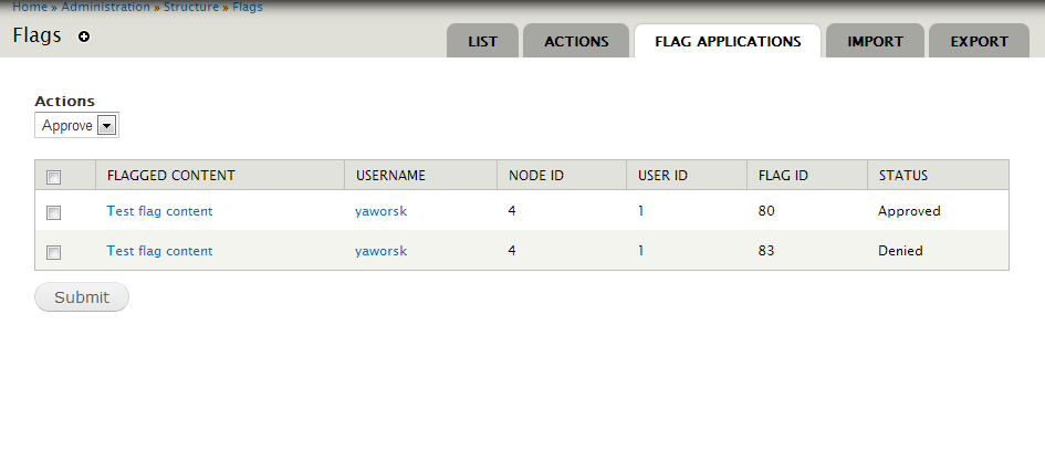 Flag Application Module Screen Shot of the Administration page