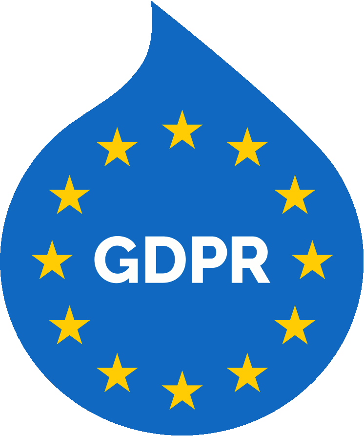 A Druplicon-shaped EU flag with the word "GDPR" in its center