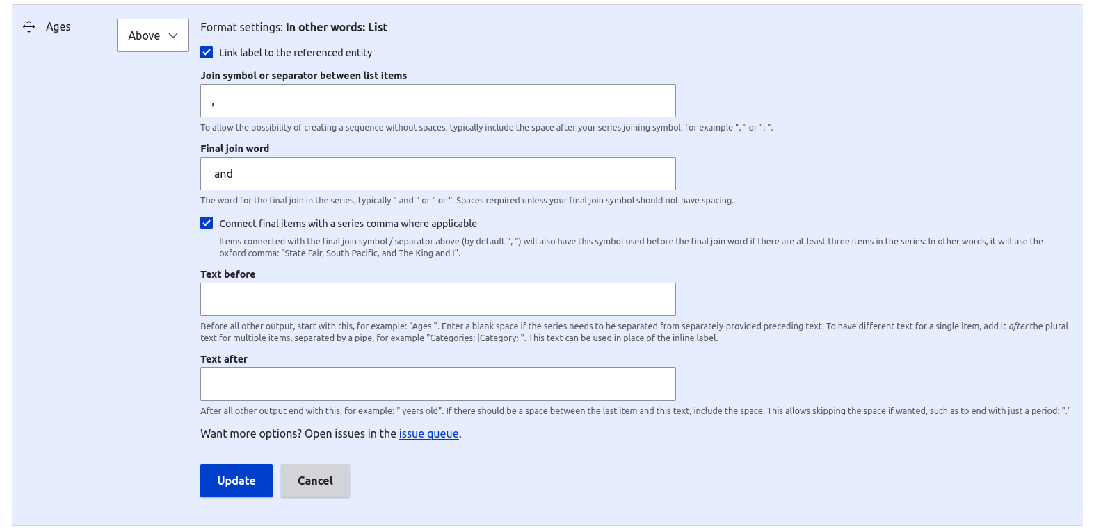 The In Other Words: List field formatter configuration form.