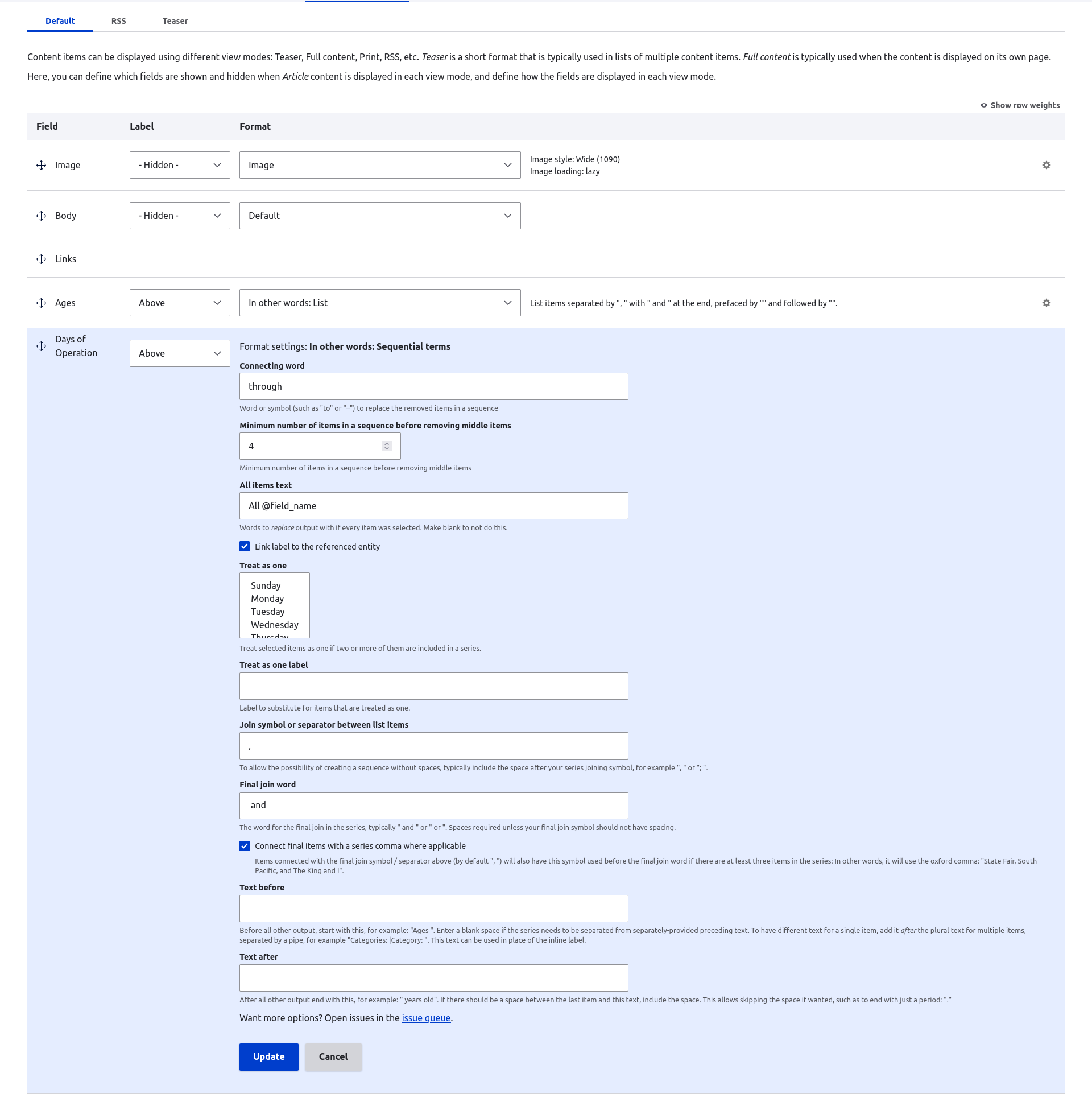 The In Other Words: Sequential terms field formatter configuration form.