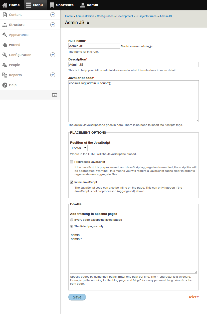 JS injector's (8.x) edit screen for a particular rule