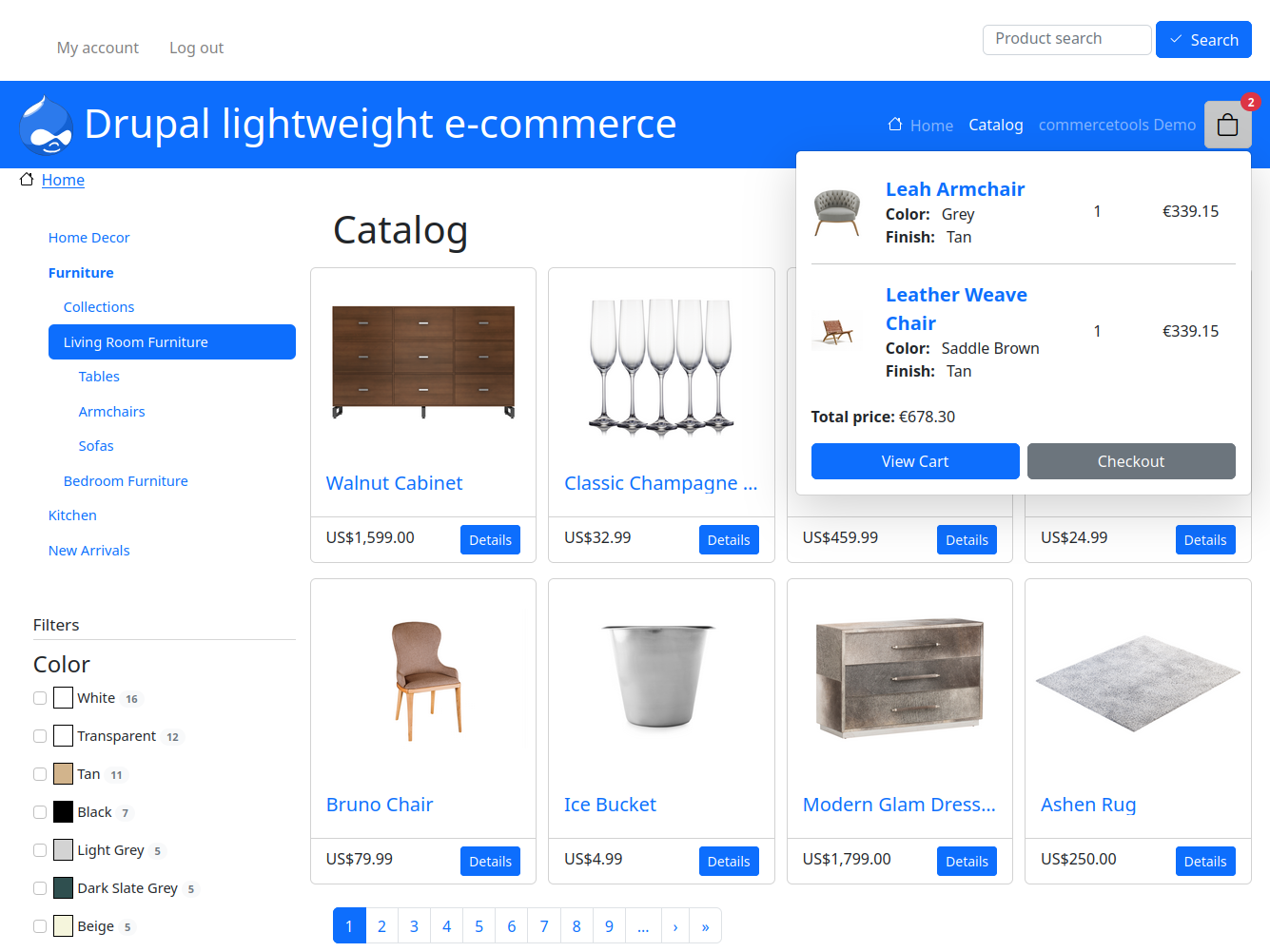 commercetools catalog view with filters and mini card shown