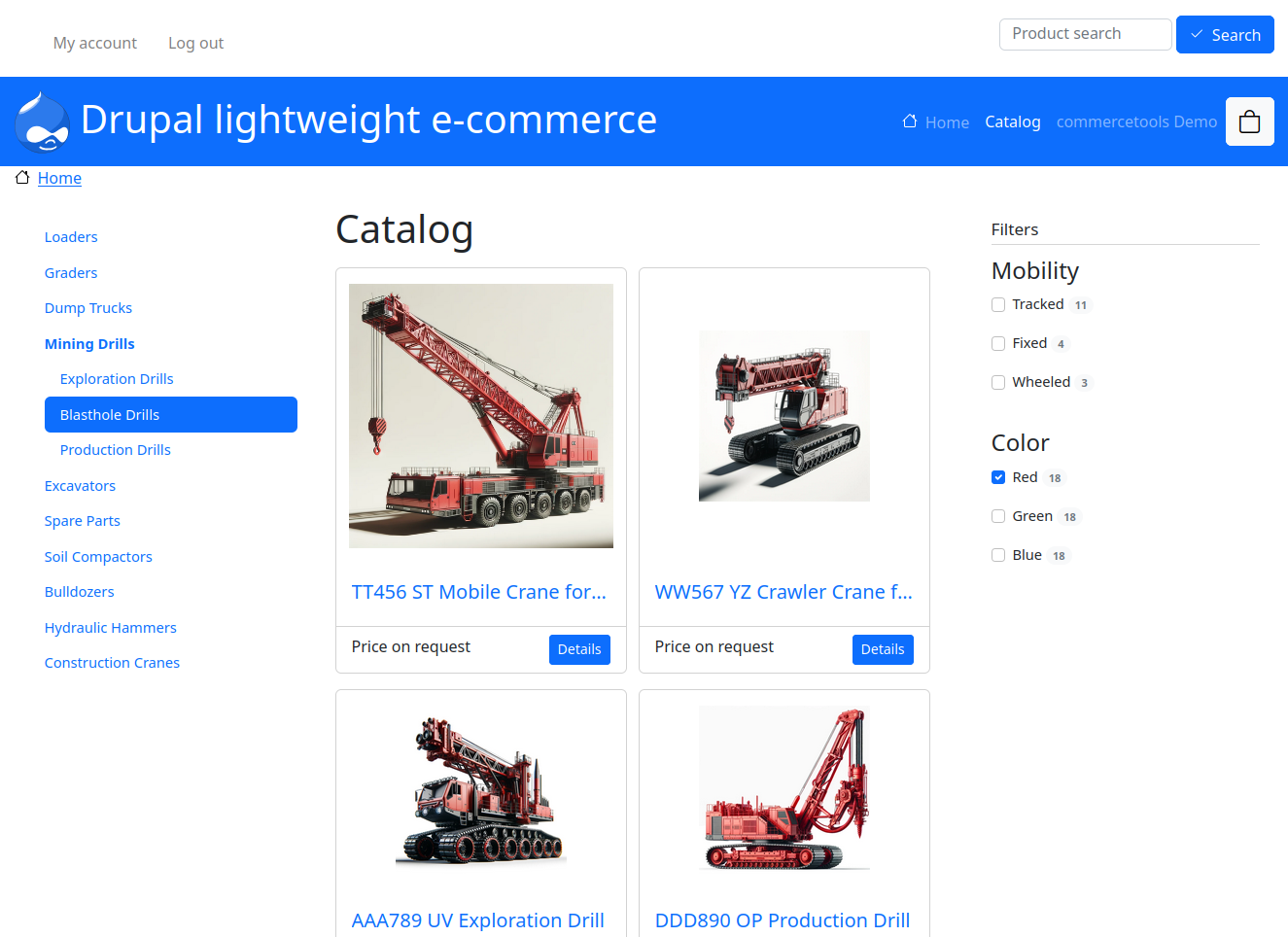 commercetools catalog view with filters shown