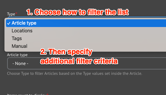 Screenshot showing the Related Articles filter options.