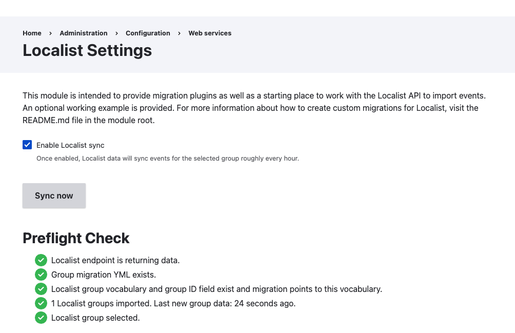 Localist Drupal settings page showing instructions, a sync now button, and a list of preflight checks and their status