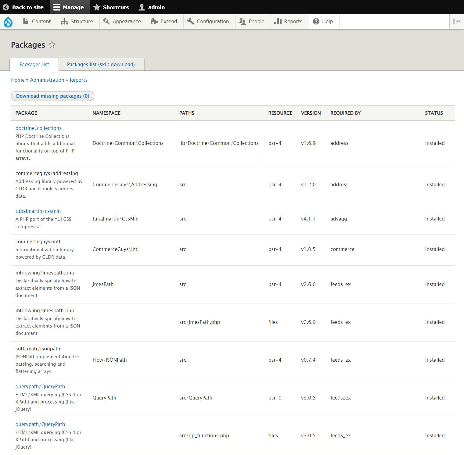 Reports > Packages page