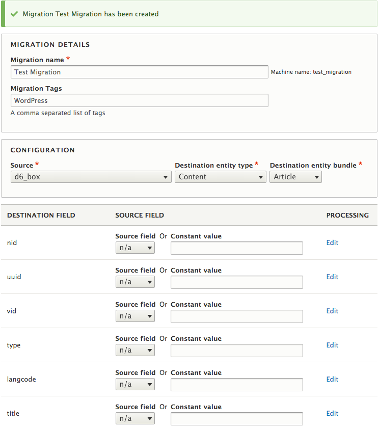Migration edit page