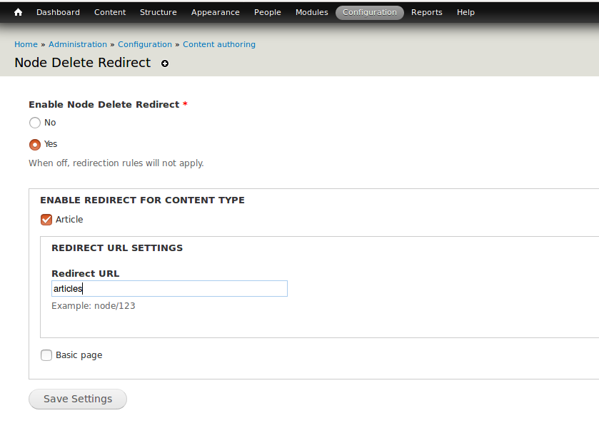 Node delete redirect settings