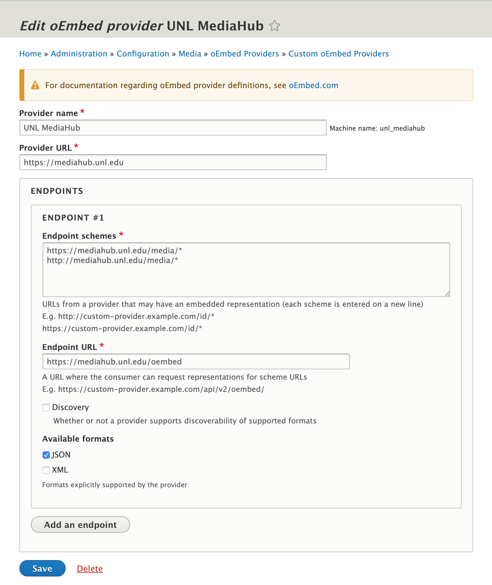 Custom oEmbed provider edit page