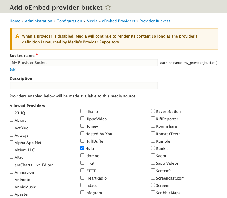 Provider bucket configuration page