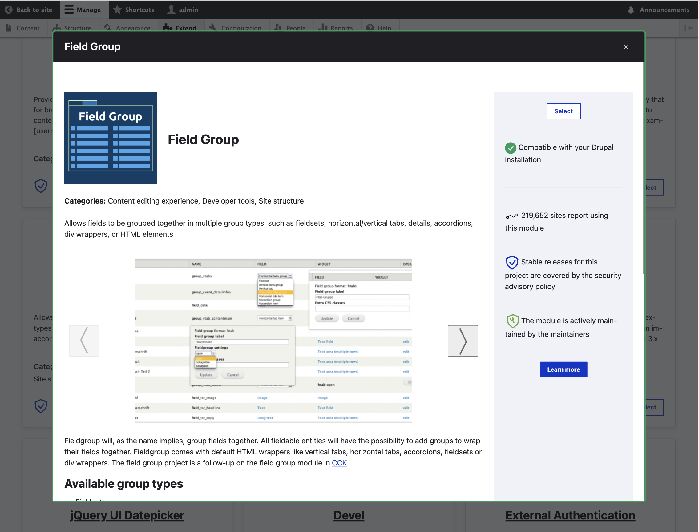 screenshot of project browser showing the detail modal window for the field group module
