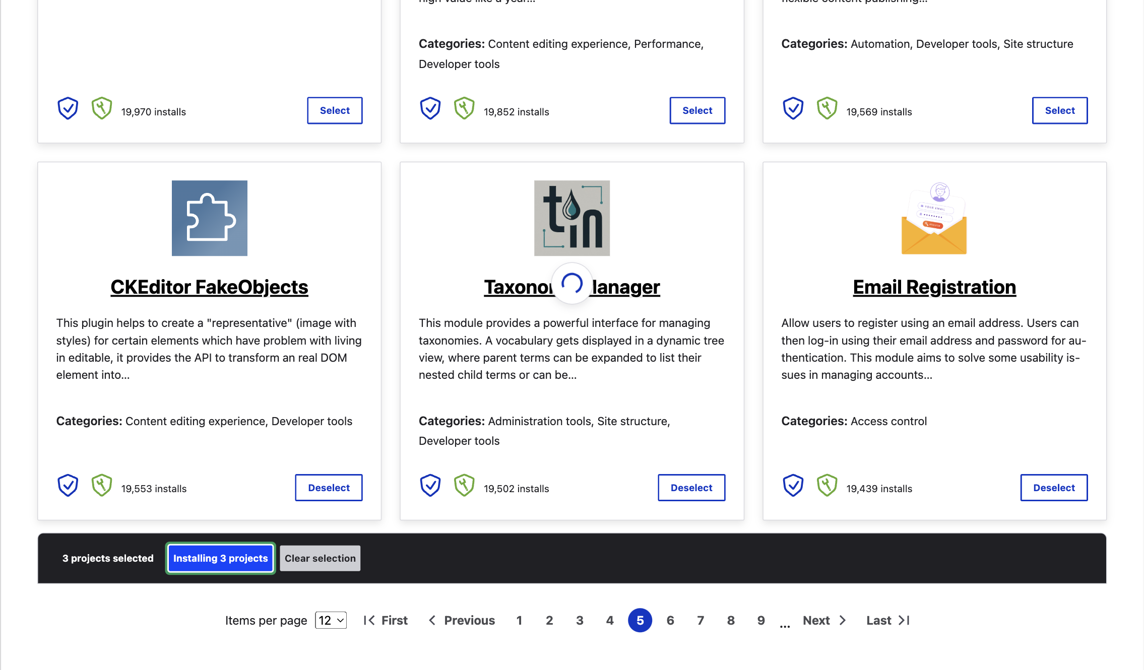 screenshot showing the install process, which by default allows multiples to be chosen and installed