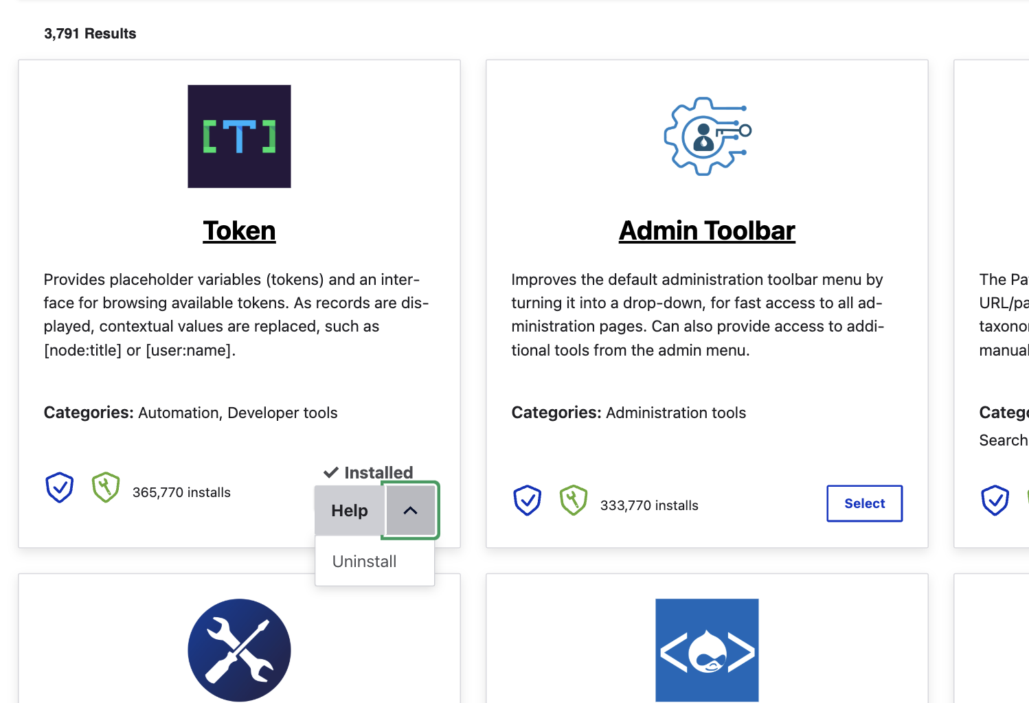 dropbutton showing additional post-install tasks for a module
