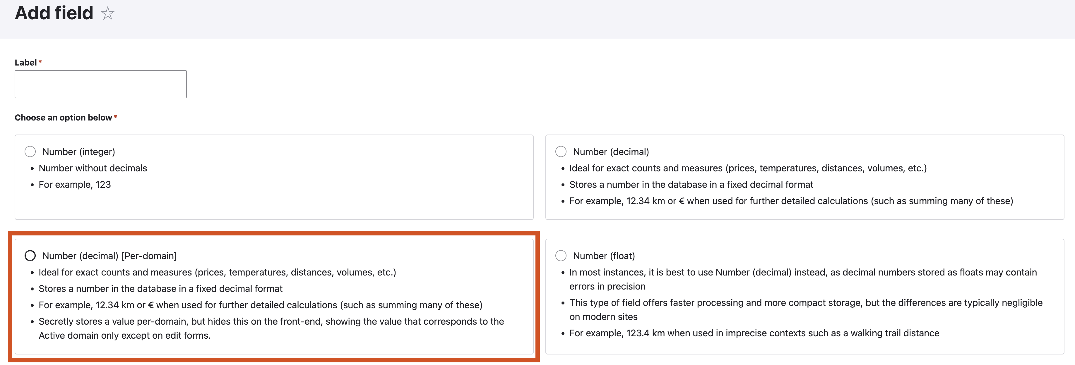 Screenshot of the Per-Domain Number Decimal Field type in the Drupal admin UI