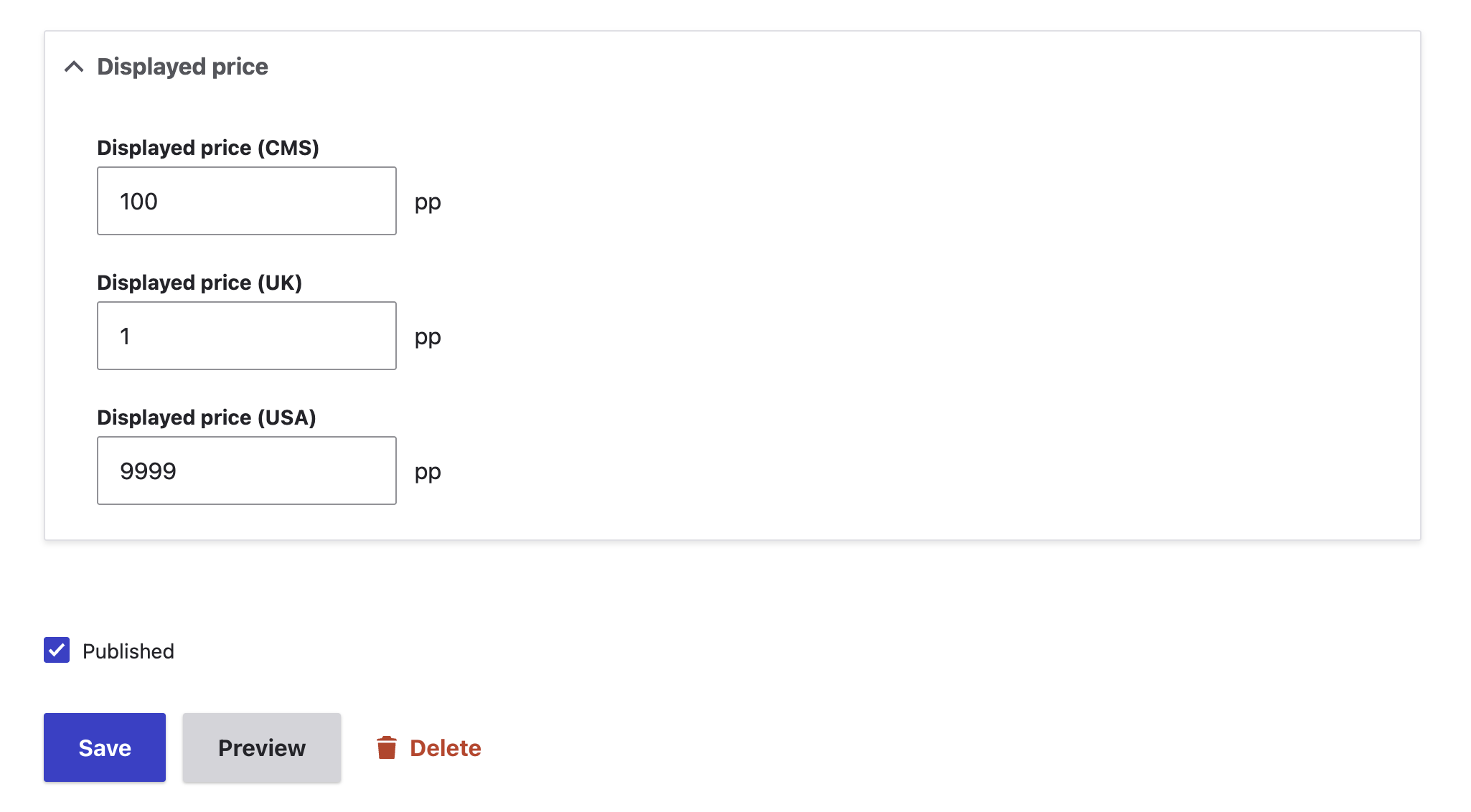 Screenshot of the Per-Domain Number Decimal Field Widget on a node edit form in the Drupal admin UI