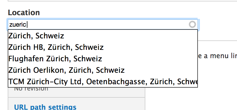 Autocomplete with Zurich suggestions