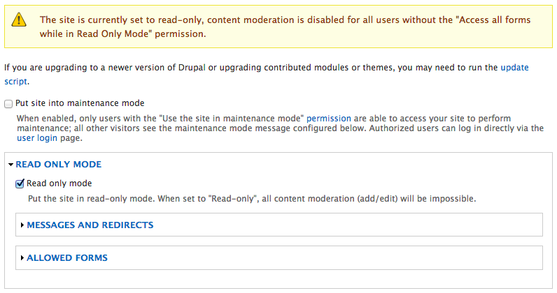 Read Only Mode admin interface