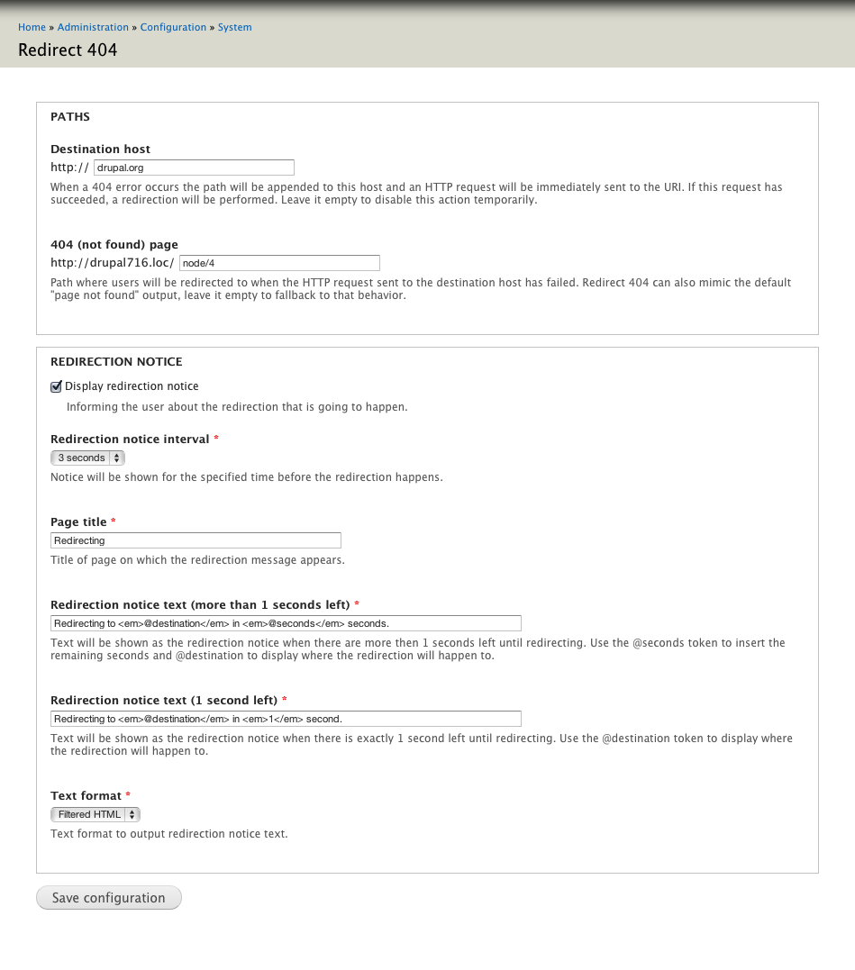 Settings for Redirect 404