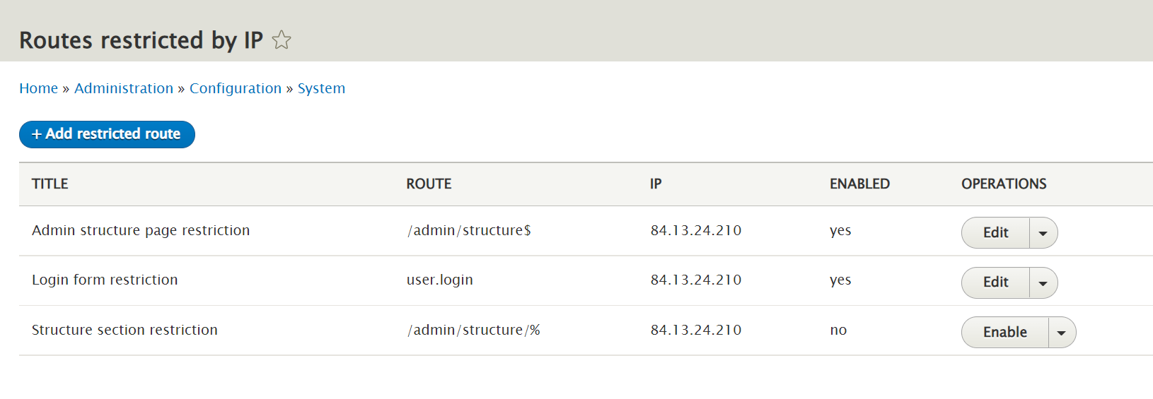 Restrict Drupal routes by IP or range of IP