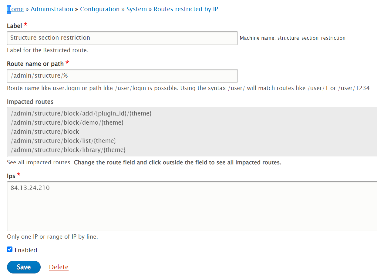 Restricted route form with preview of impacted routes