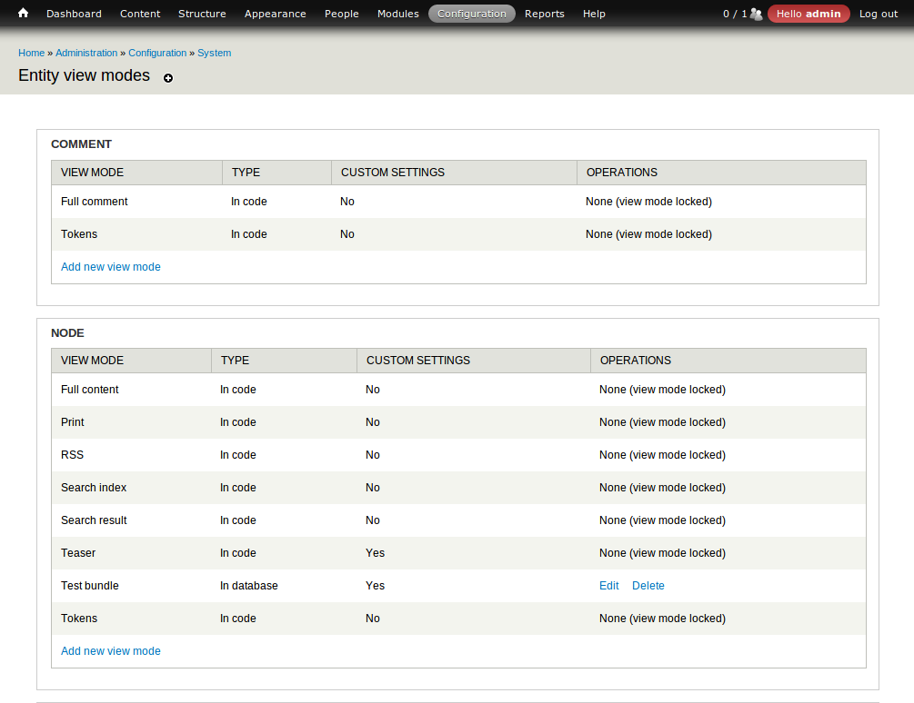 Screenshot of the view mode listing admin page