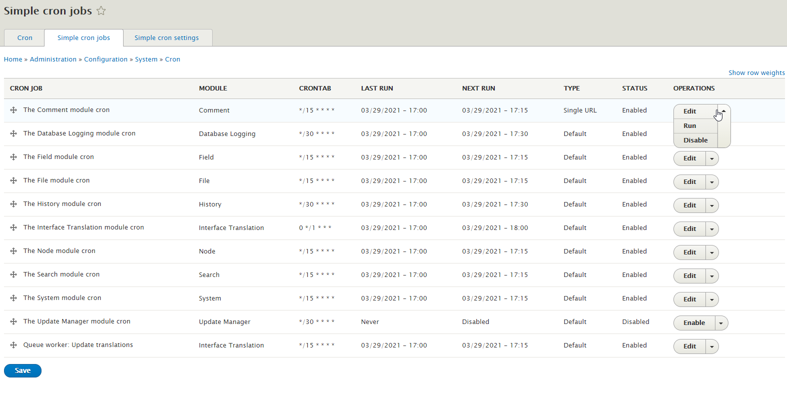 Simple cron jobs list