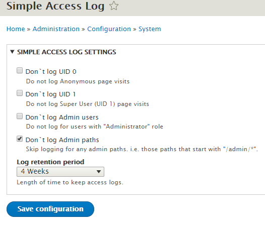 Simple Access Log configuration page