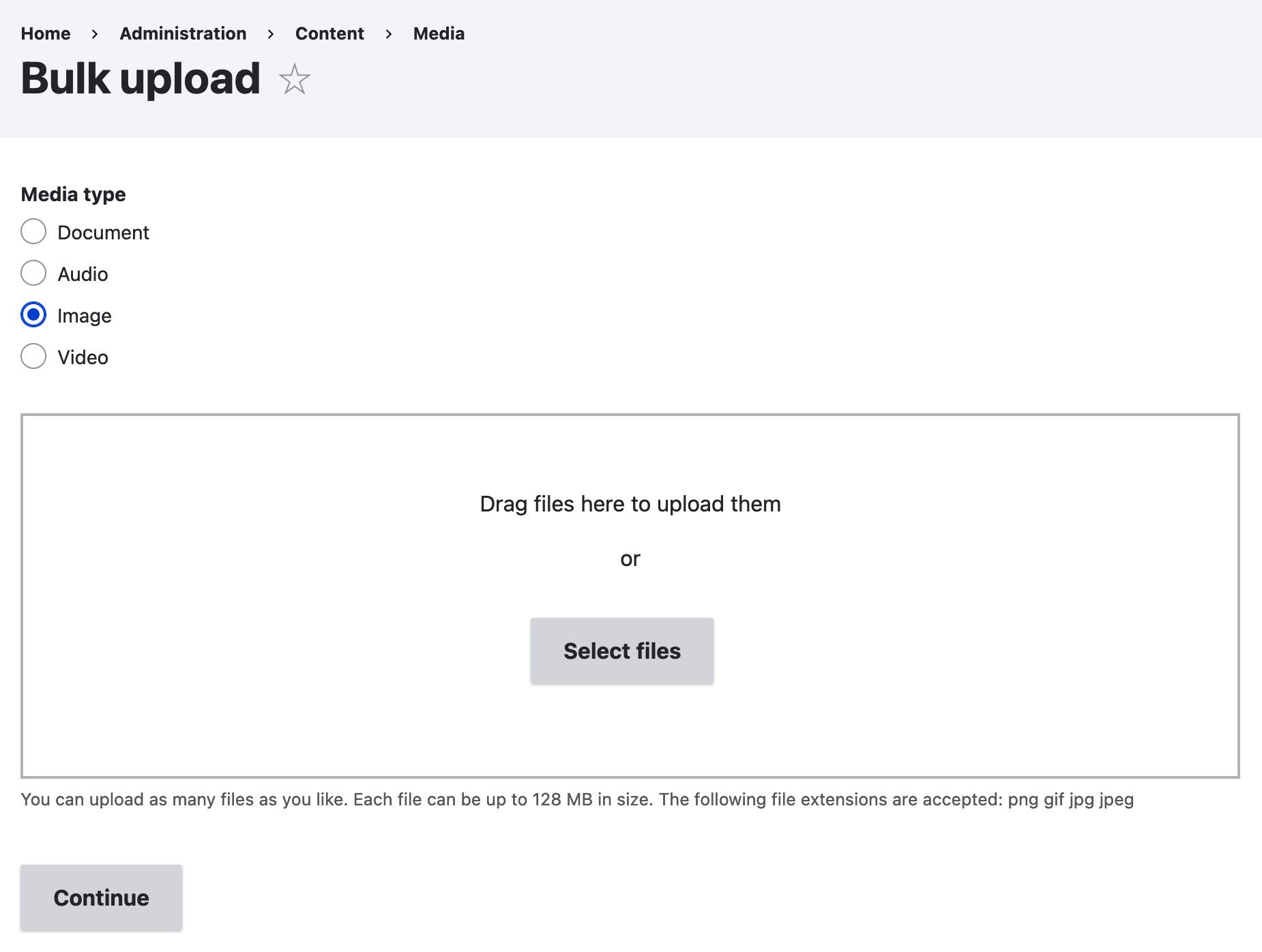 The bulk upload form provided by this module. There's a radios widget to select the media type, bulk upload widget to upload multiple files.