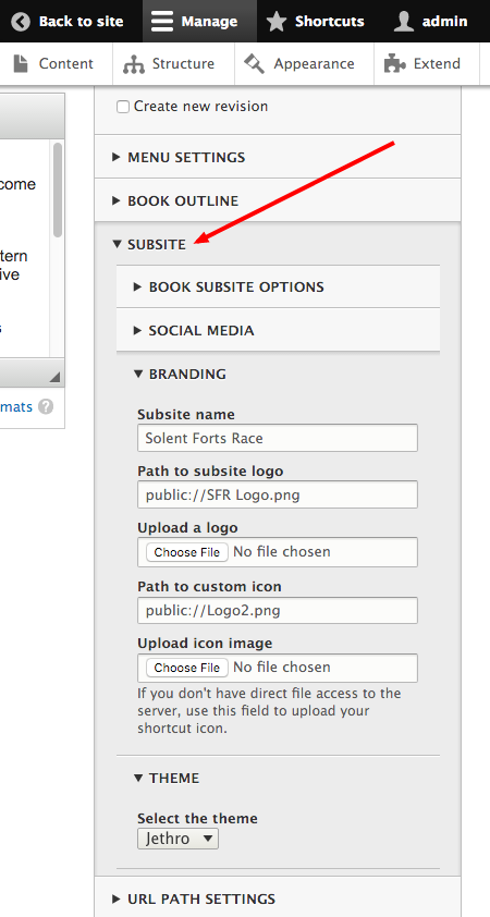 Screen shot of subsite node configuration options