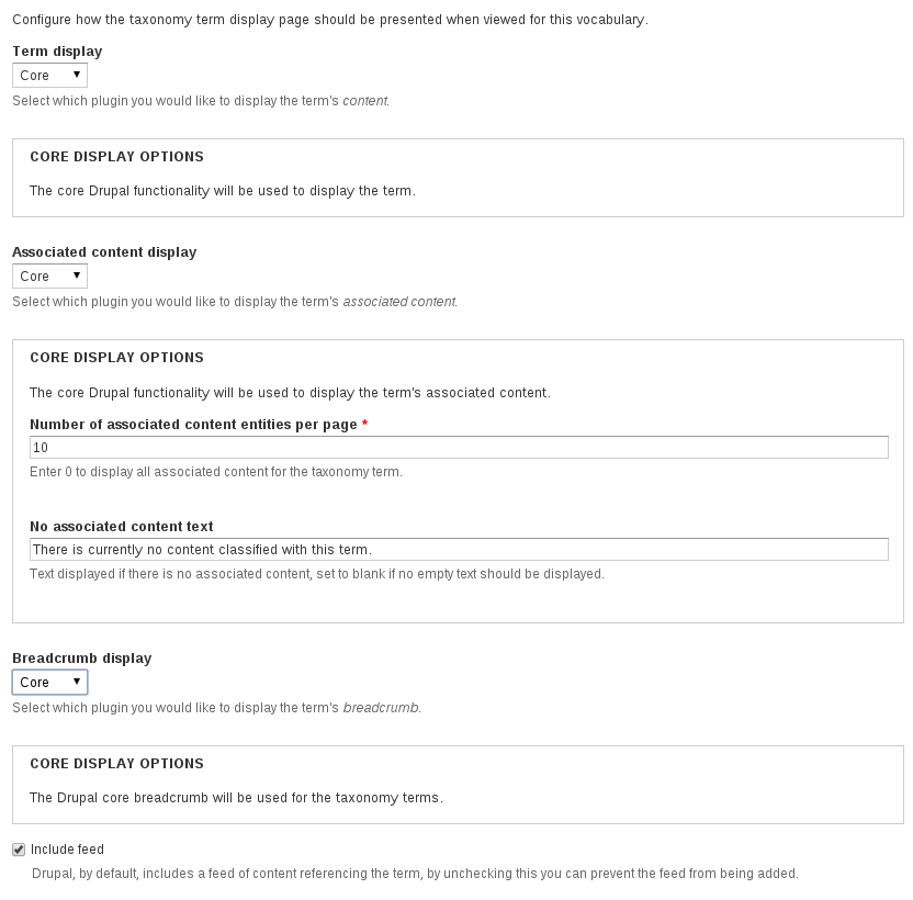 Taxonomy display configuration form
