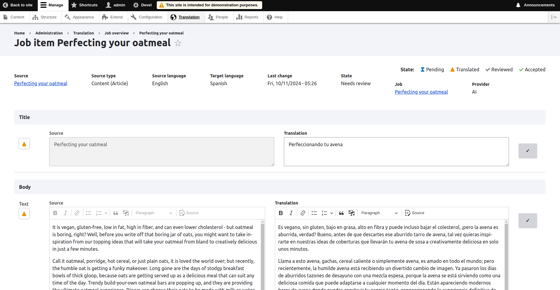 Screenshot of translation of some Umami content.