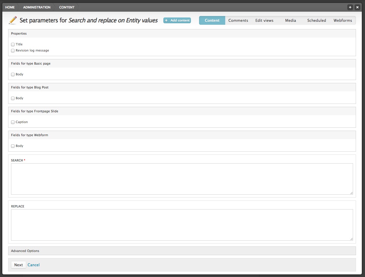 VBO Search and Replace form