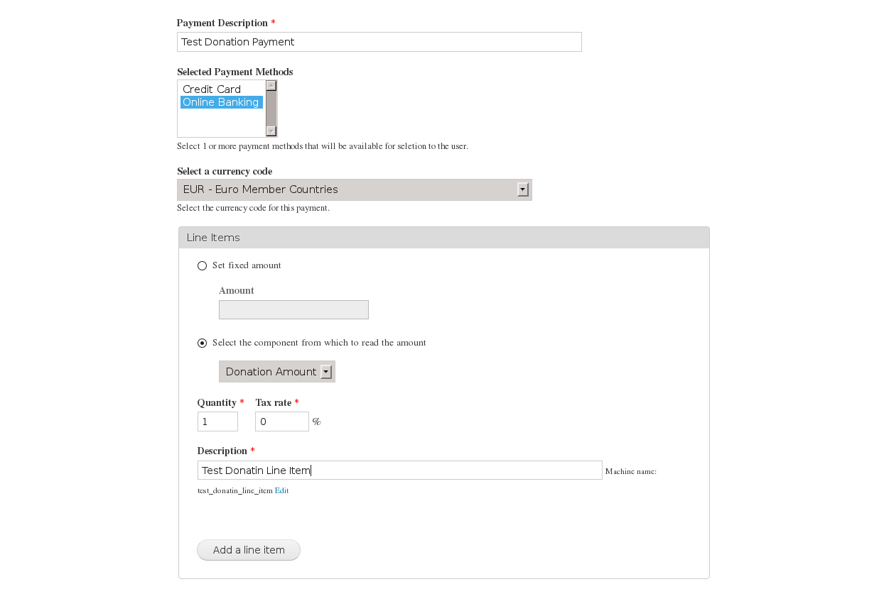 Configuration dialog where the payment methods can be selected and line items can be defined