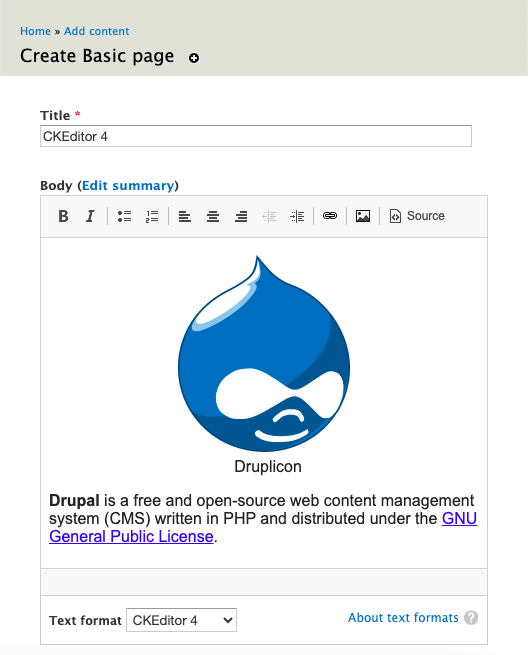 Screenshot of the CKEditor 4 WYSIWYG editor enabled through the Editor module.