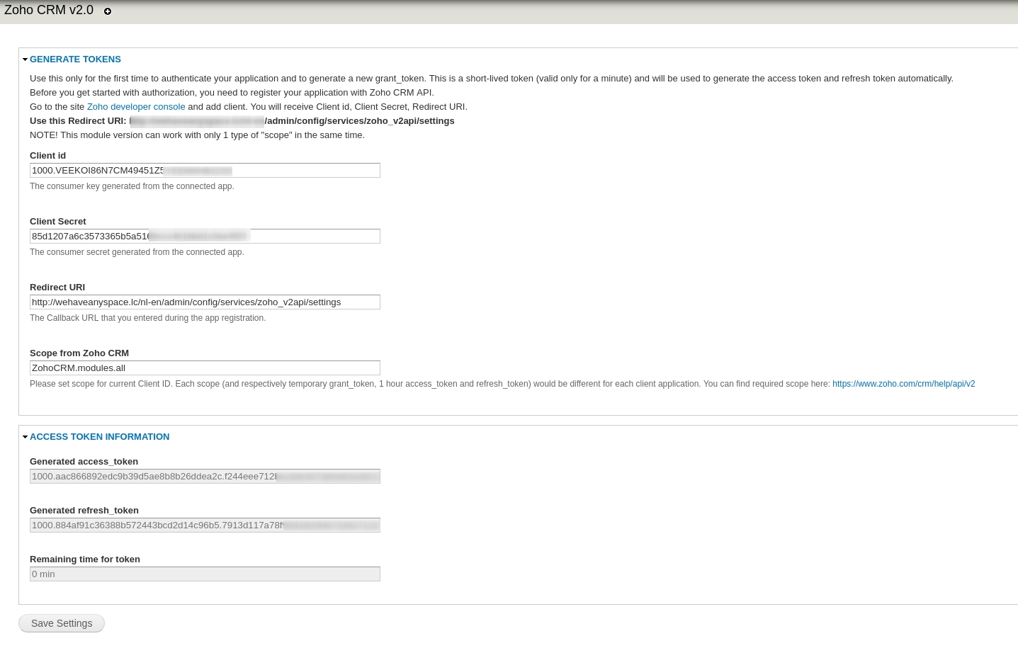 Zoho CRM 2.0 API settings