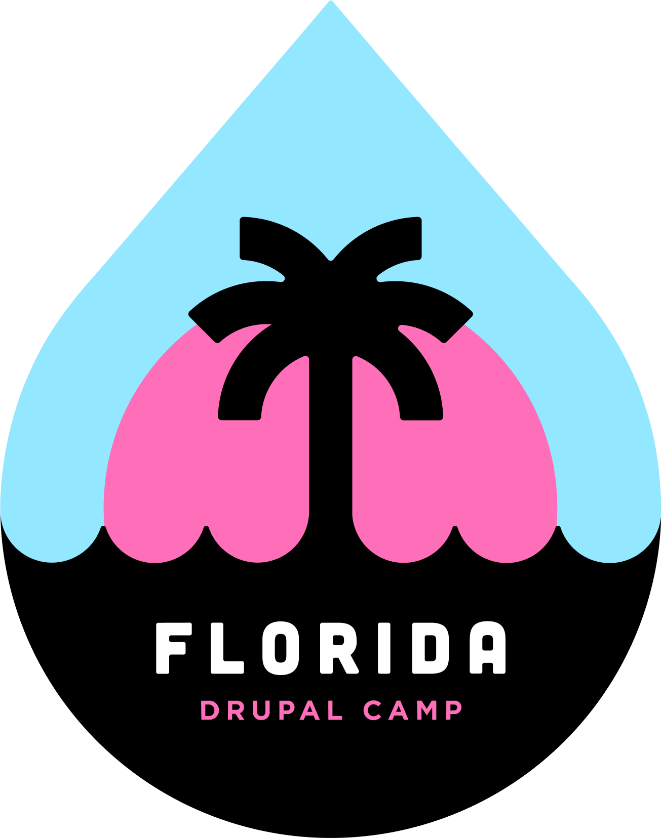 Florida DrupalCamp logo with a drupal drop and a palm tree against a pink sunrise over some waves