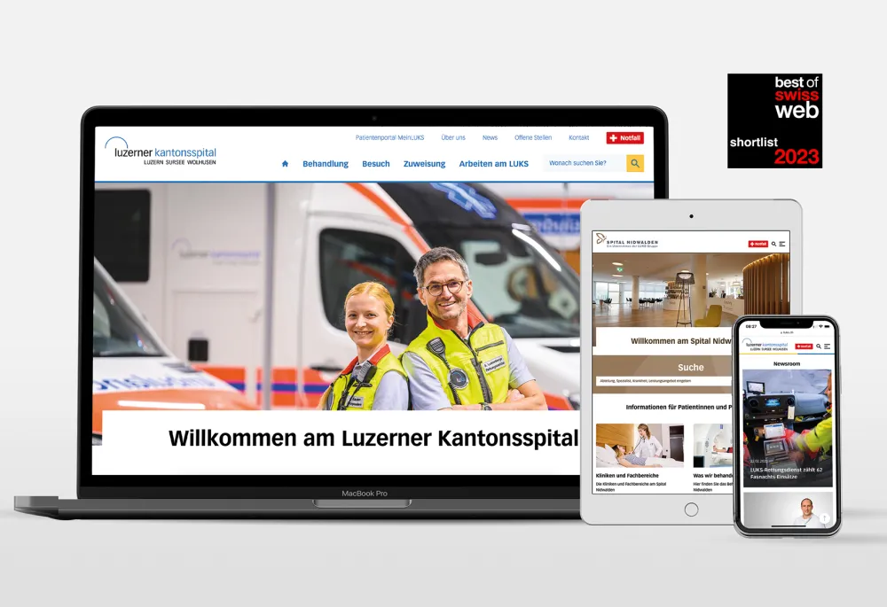 Mock-up of www.luks.ch homepage on laptop, tablet and mobile