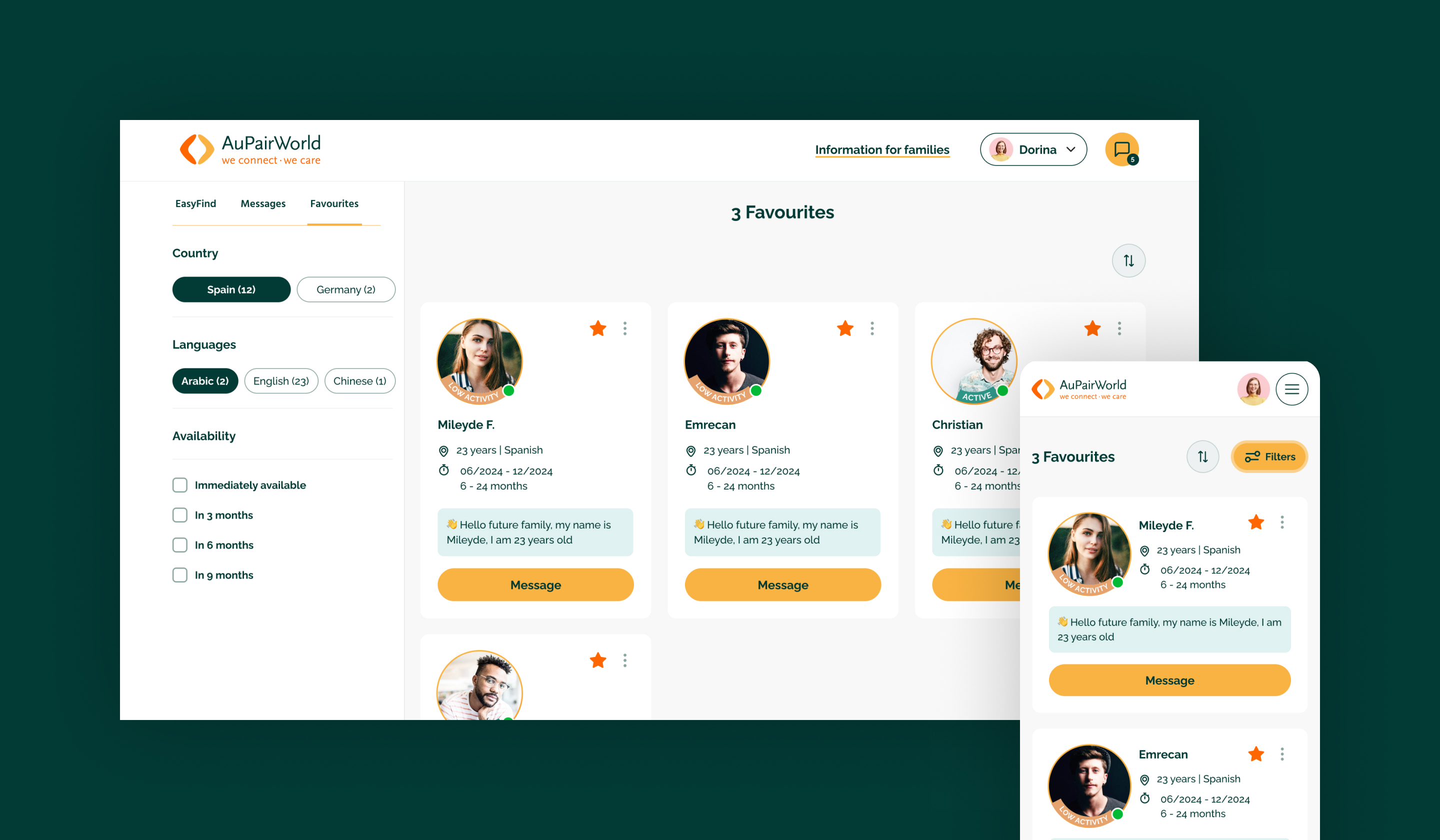 View of "starred" favourite profiles on the AuPairWorld platform