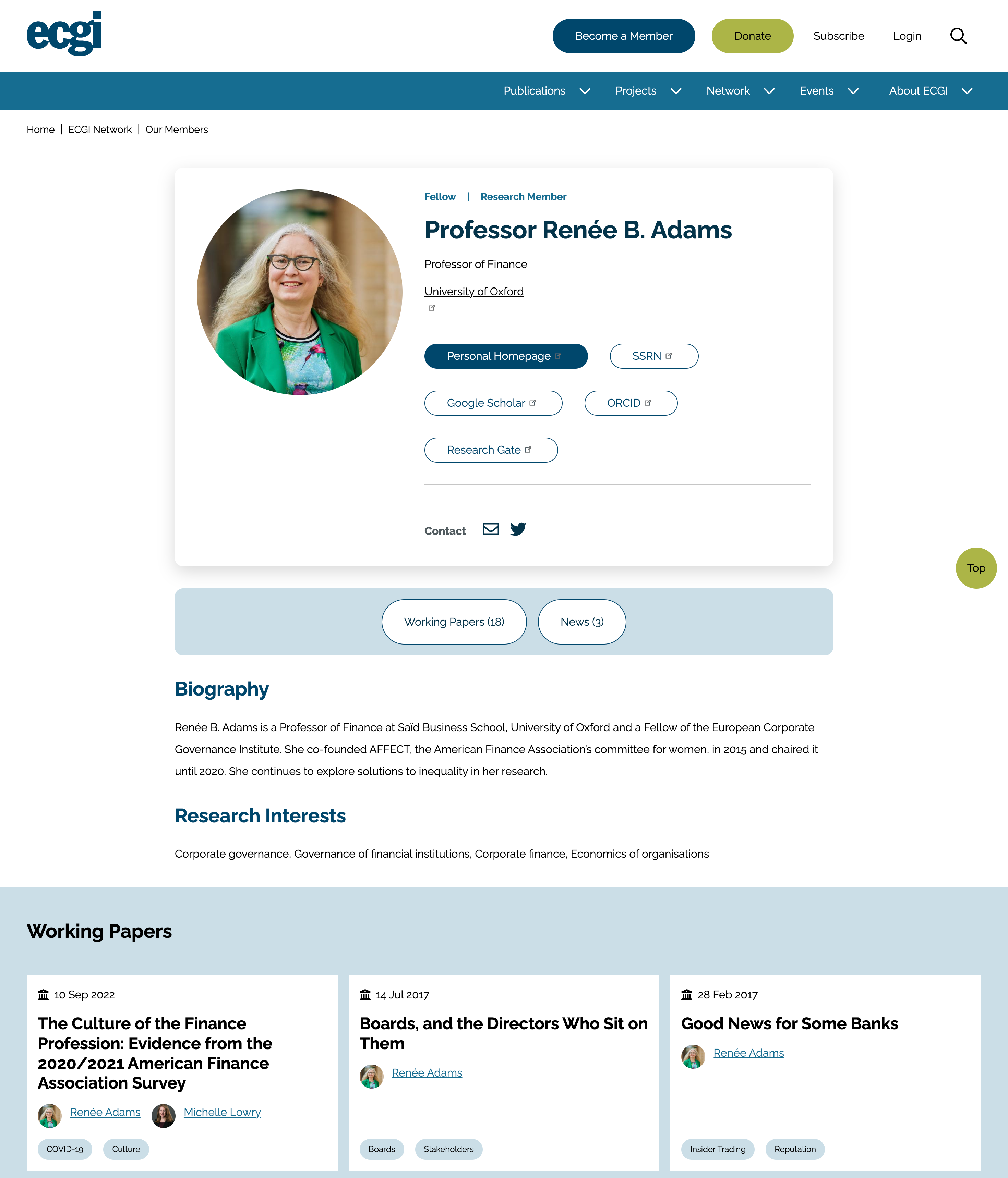 Sample ECGI member profile page showing related content.