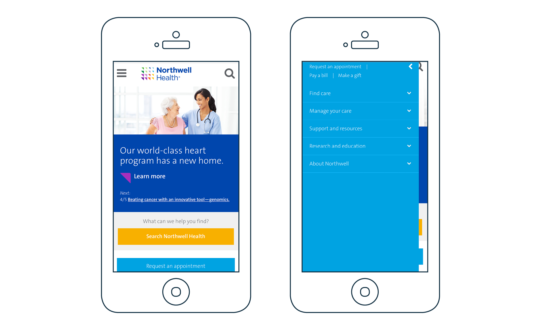 Northwell Health Home Mobile with Expanded Navigation