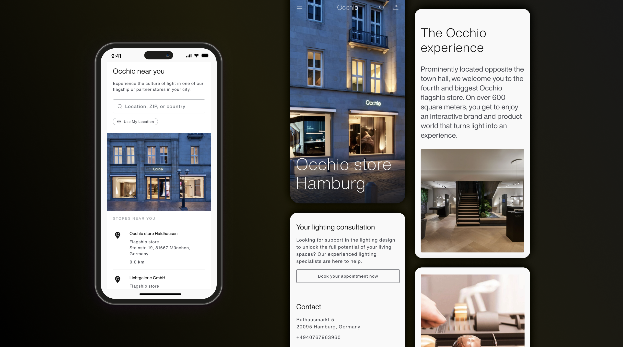 Mockup with various smartphone screens showcasing features of the software.