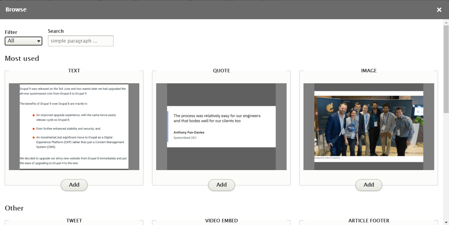 systemseed.com paragraph selector - shows text, quote and image paragraph types with previews
