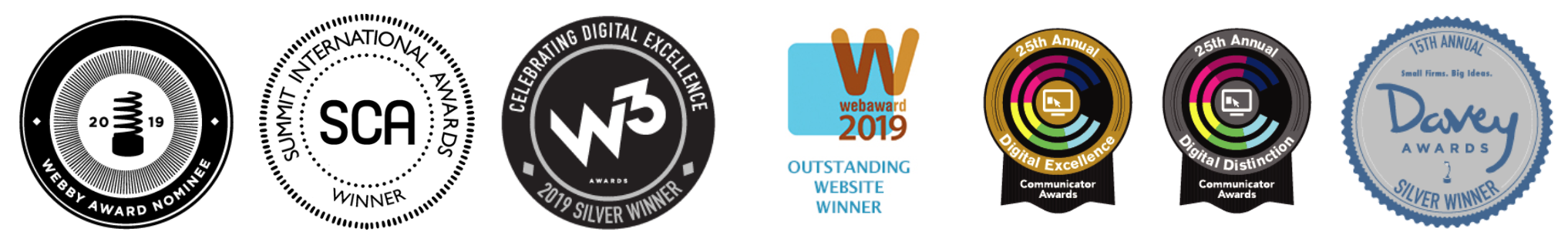 A visual graphic displaying badges from the 7 award shows the site has been presented with. They are listed next.