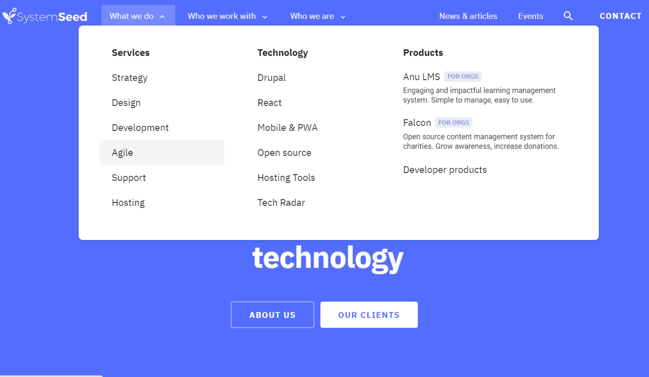 systemseed.com desktop navigation - white popup box with fat dropdowns