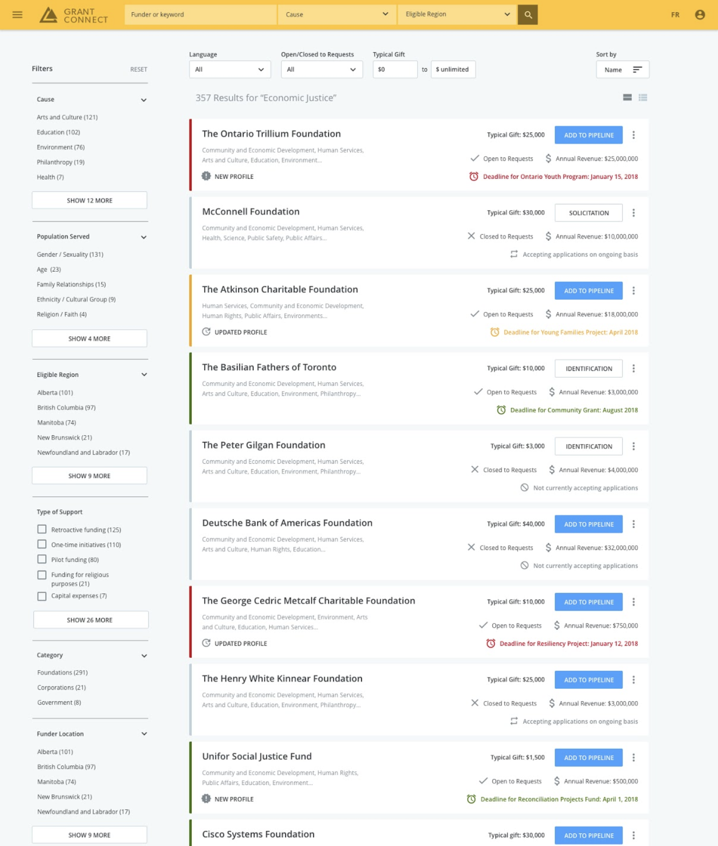 Screenshot: Search screen of Grant Connect.