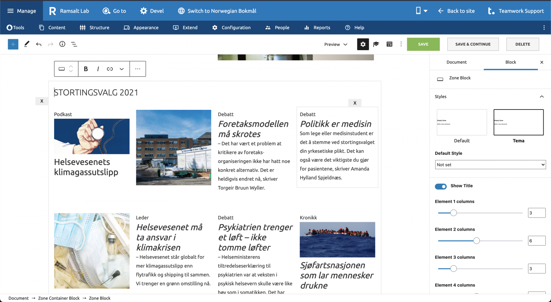 An admin view of Ramsalt Gutenberg landing page builder