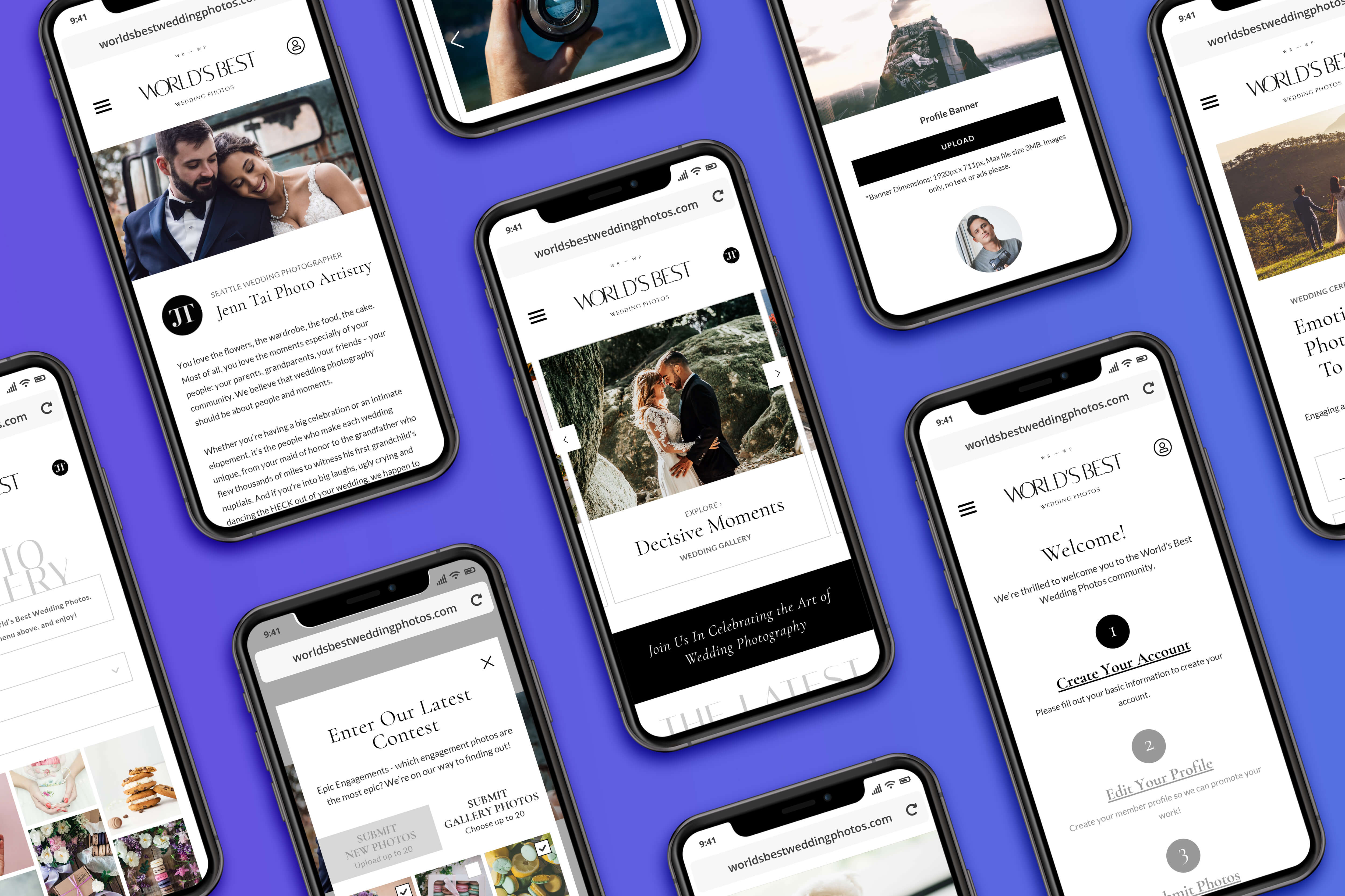 Various smartphone screenshots of design for World's Best Wedding Photos