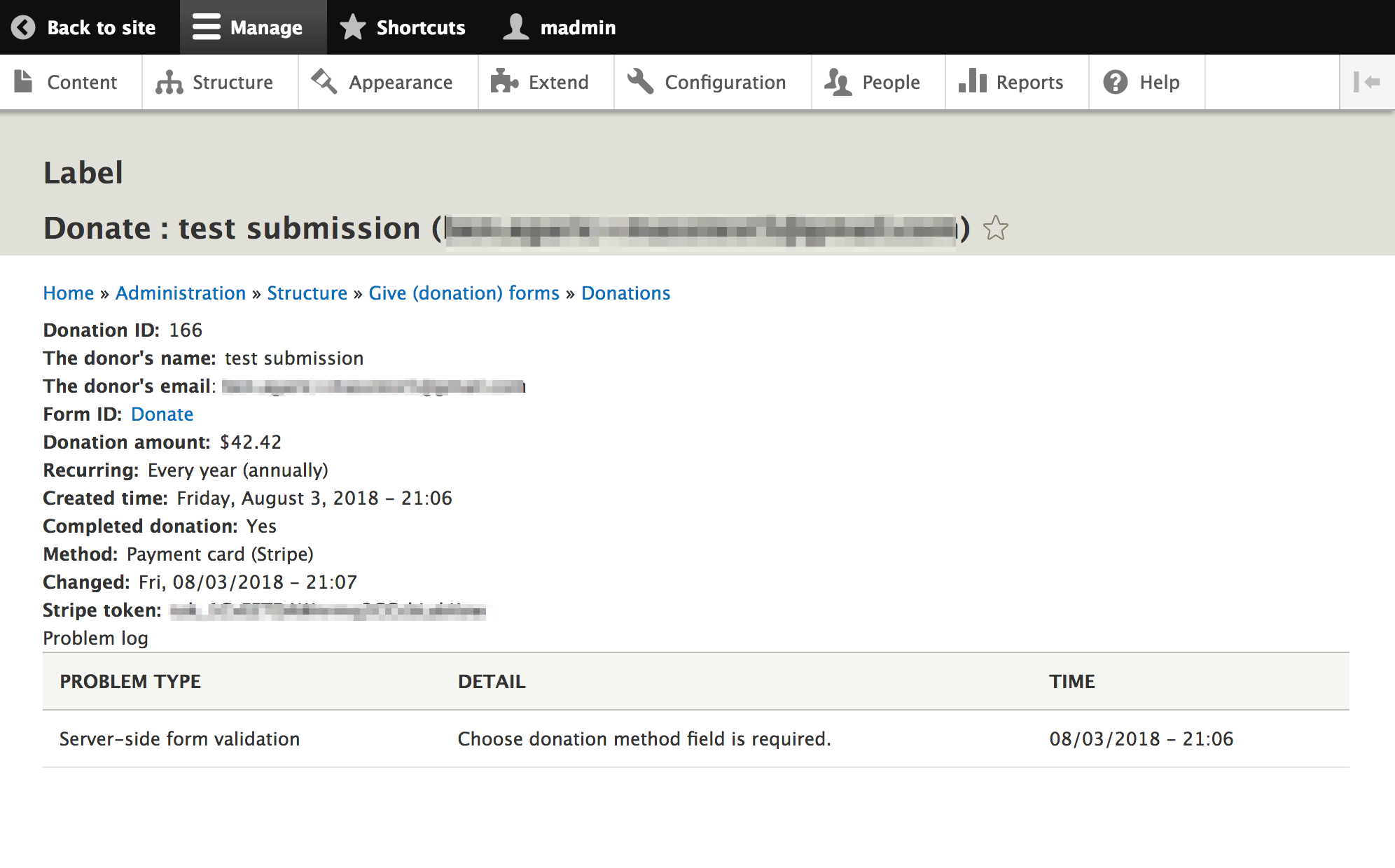 Administrative report of a donation.